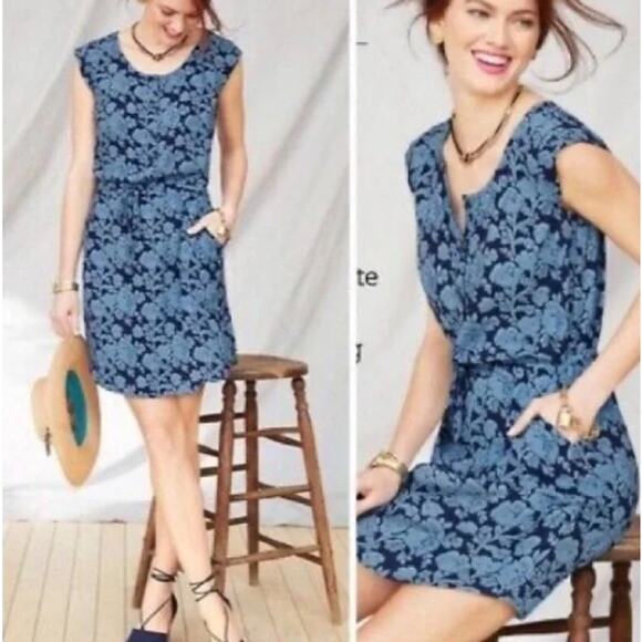 CAbi Blue Floral Java Dress #5265 Drawstring Waist Above the Knee Women's Large - Picture 1 of 5
